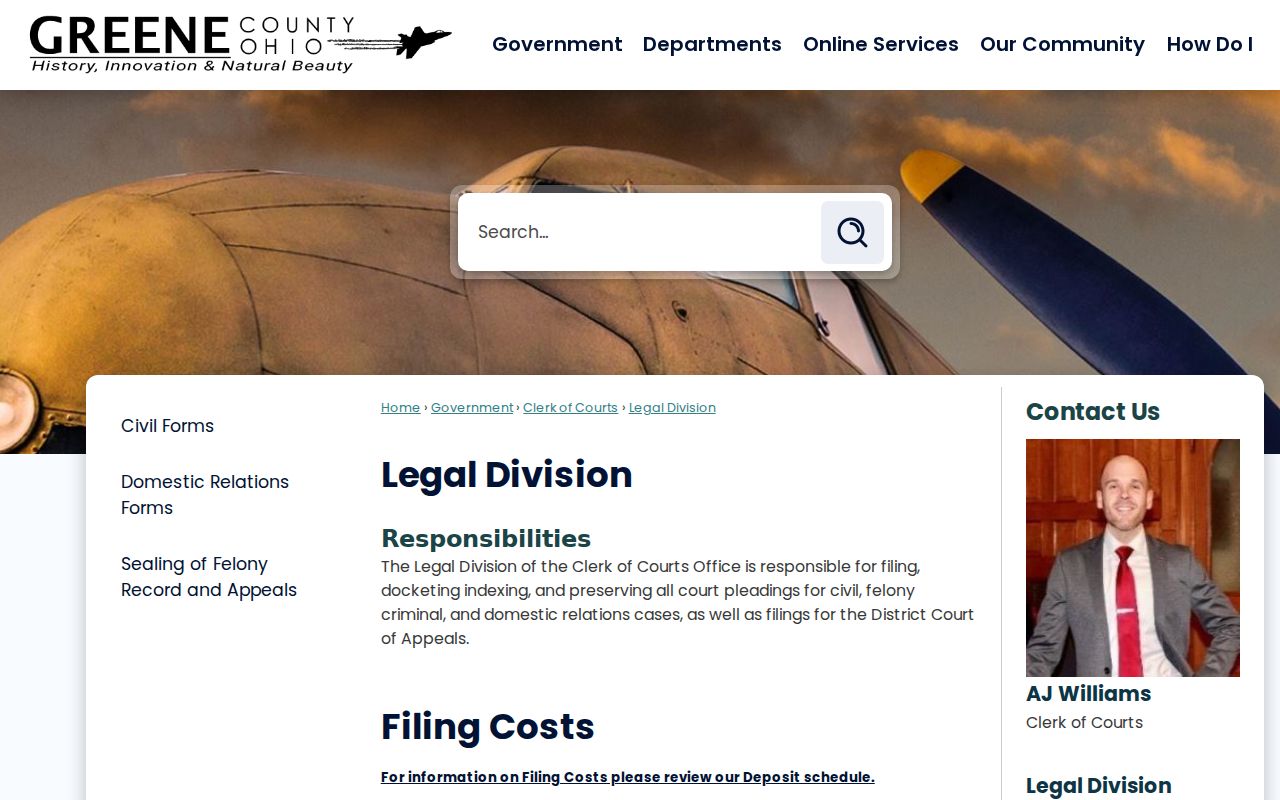 Greene County criminal docket Legal Division information page