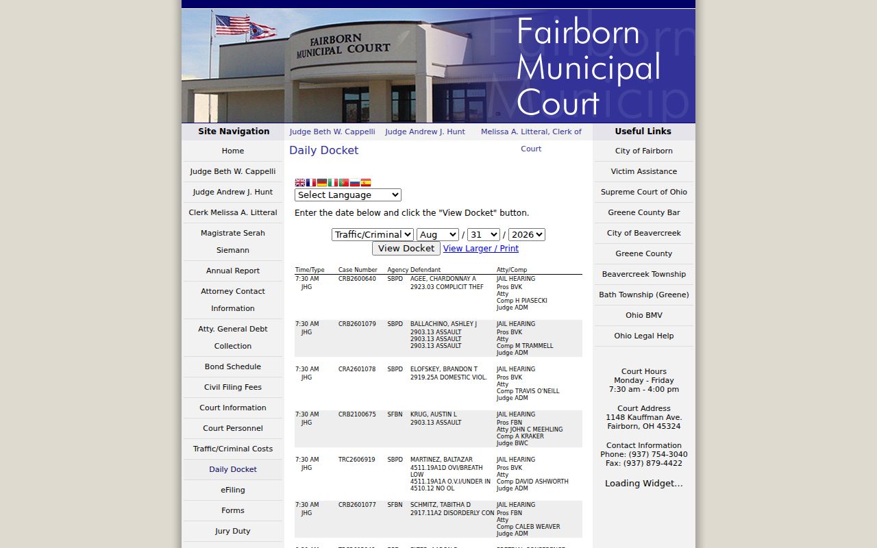 Fairborn court docket daily calendar and setting fields