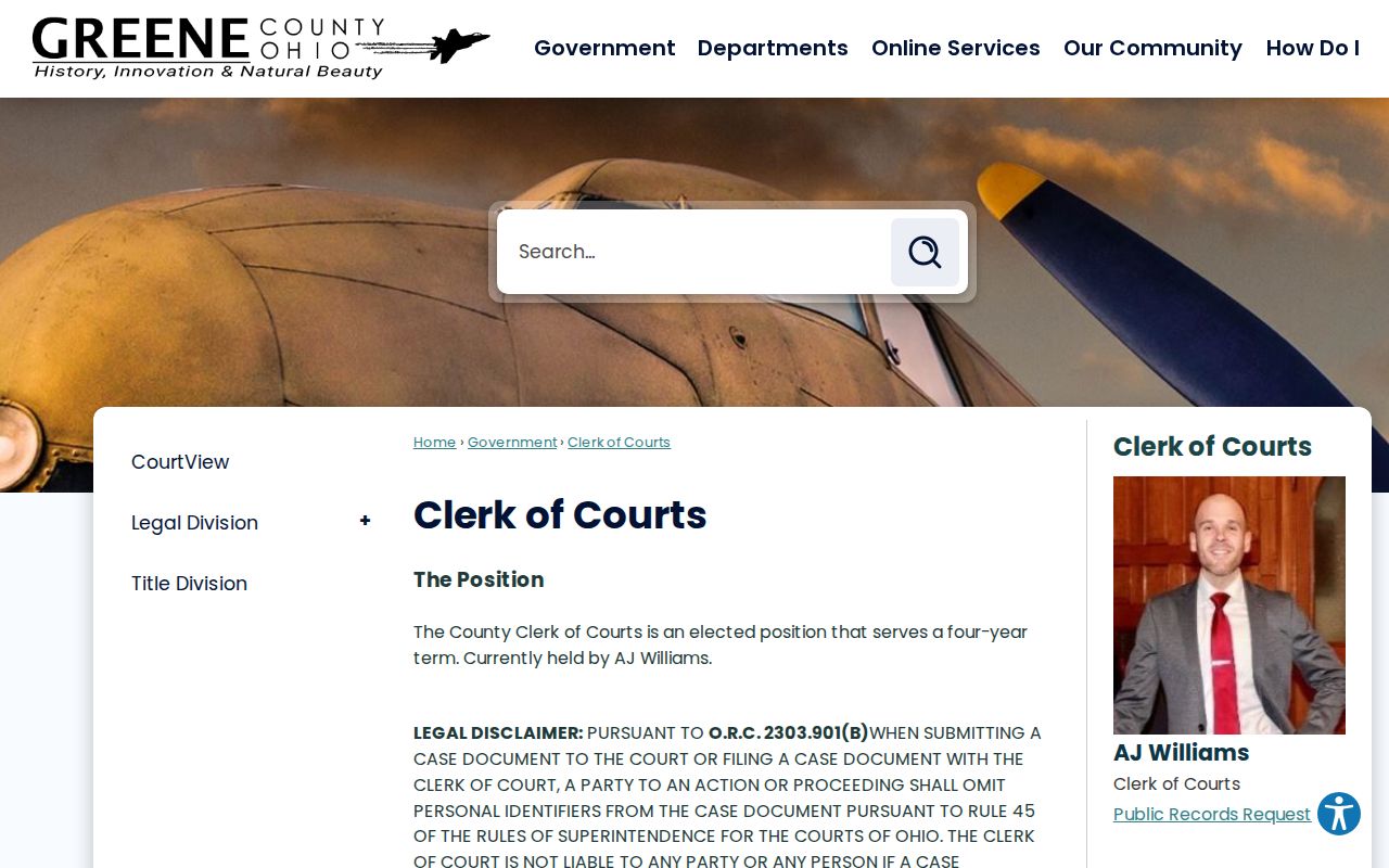 Greene County court docket Clerk of Courts records office page